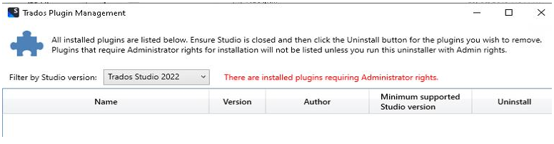 Trados Plugin Management window showing a warning message 'There are installed plugins requiring Administrator rights.'