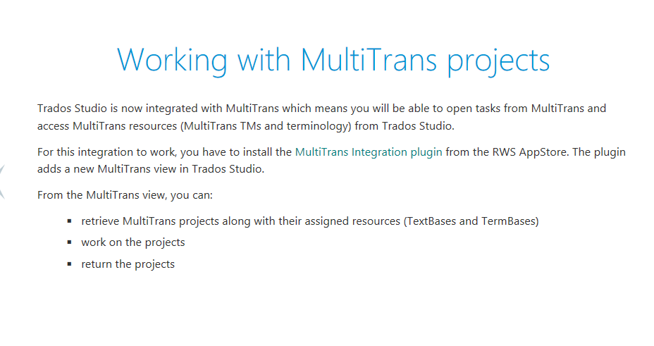 Information page on working with MultiTrans projects in Trados Studio, detailing integration and plugin installation from RWS AppStore.