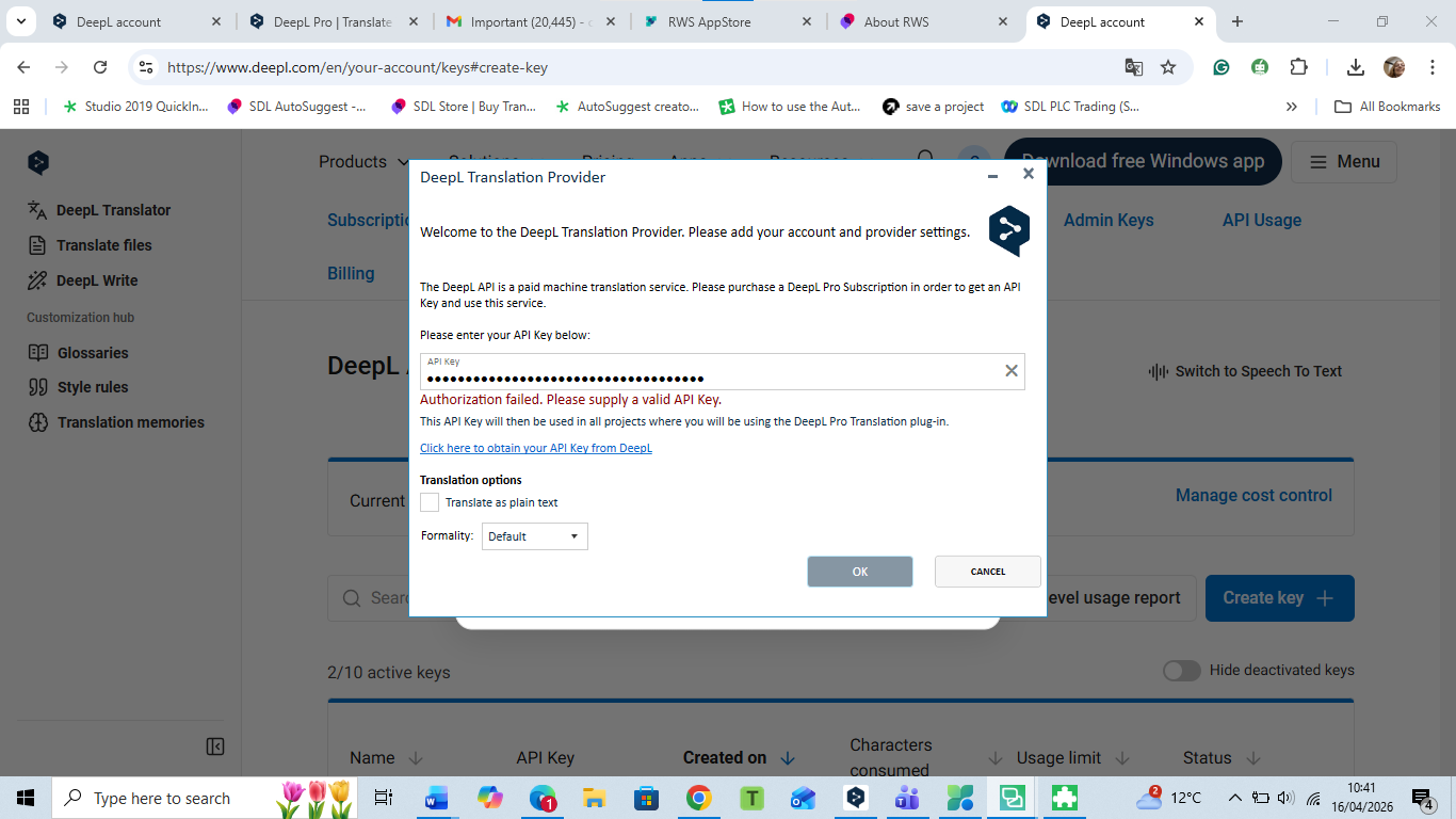 Screenshot of the DeepL Translation Provider settings window showing an error message: 'Authorization failed. Please supply a valid API Key.' The API Key field is filled with a masked key. Options for translation and formality are visible, along with buttons for 'OK' and 'Cancel.'