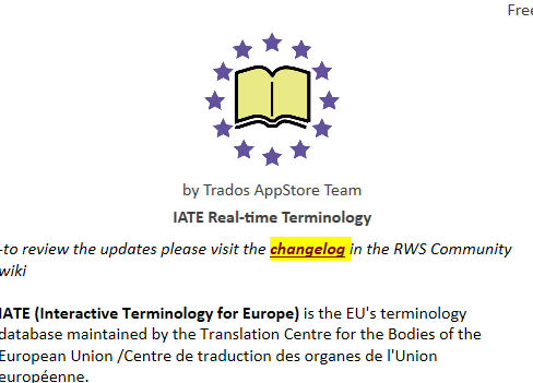 Screenshot of Trados Studio's AppStore plugin description highlighting the 'changelog' link.