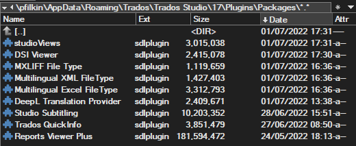 Screenshot showing a list of Trados Studio plugins in the directory with file names such as studioViews, DSI Viewer, MXLIFF File Type, Multilingual Excel File Type, DeepL Translation Provider, Studio Subtitling, Trados QuickInfo, and Reports Viewer Plus.