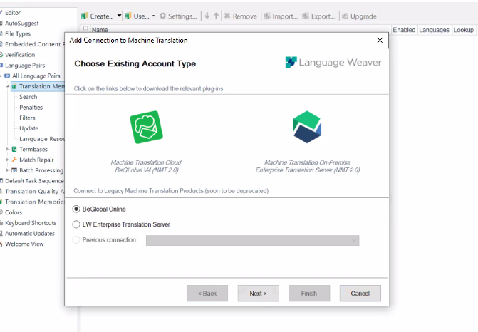 Trados Studio screenshot showing the 'Add Connection to Machine Translation' screen with options for 'Machine Translation Cloud BeGlobal v4' and 'Machine Translation On-Premise Enterprise Translation Server'. No visible errors.