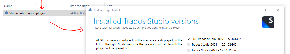 File Explorer window showing a selected file named 'Studio Subtitling.sdlplugin' with a date modified of 24082022.