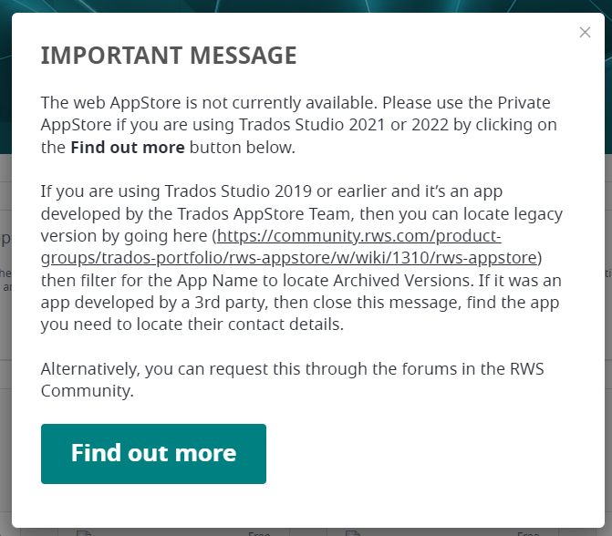 Popup message stating the web AppStore is not available and instructing to use the Private AppStore for Trados Studio 2021 or 2022, with a 'Find out more' button.