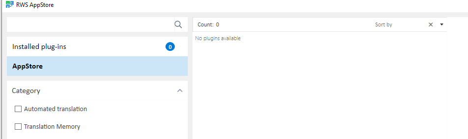 Screenshot of RWS AppStore showing 'Installed plug-ins' count as 0 and message 'No plugins available' despite user having plugins installed.