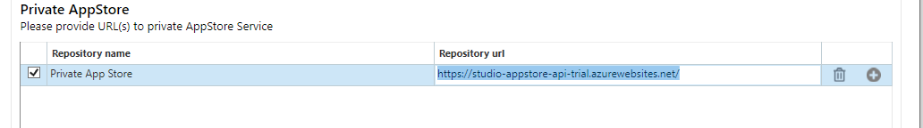 Screenshot of Trados Studio's Private AppStore settings with a checked box for 'Private App Store' and a URL 'https:studio-appstore-api-trial.azurewebsites.net' entered in the 'Repository url' field.