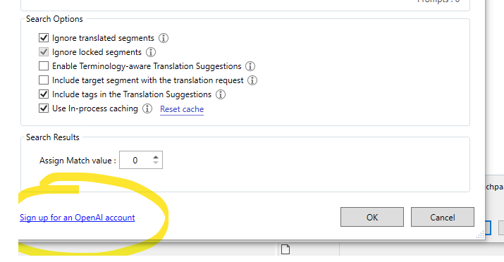 Screenshot of a software interface with options for translation settings. A highlighted link at the bottom reads 'Sign up for an OpenAI account'.