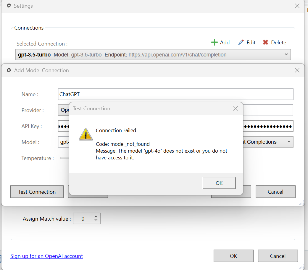 Trados Studio settings window showing an error message. The error dialog box reads 'Connection Failed - Code: model_not_found. Message: The model 'gpt-4o' does not exist or you do not have access to it.' The model selected is 'gpt-3.5-turbo' and the endpoint URL is visible.