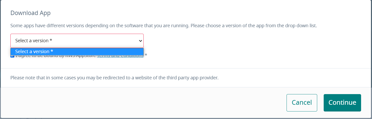 Screenshot of Trados Studio's Download App page with an error in the 'Select a version' dropdown menu, which is highlighted in red and unable to be interacted with.