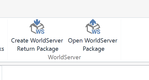 Trados Studio interface displaying WS icons for 'Create WorldServer Return Package' and 'Open WorldServer Package', suggesting WS plug-in is visible.