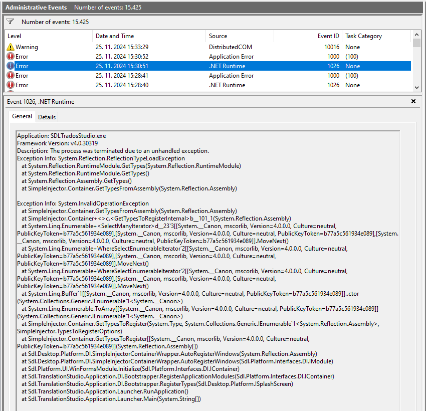 Detailed view of a .NET Runtime error in Windows Event Viewer for SDLTradosStudio.exe, mentioning an unhandled exception and ReflectionTypeLoadException.