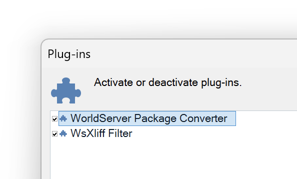 Trados Studio plug-ins window showing 'WorldServer Package Converter' and 'WsXliff Filter' as available plug-ins.