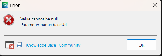 Error dialog box in Trados Studio with a red cross icon, displaying the message 'Value cannot be null. Parameter name: baseUrl'. Buttons for 'Knowledge Base' and 'Community' are visible, along with an 'OK' button.