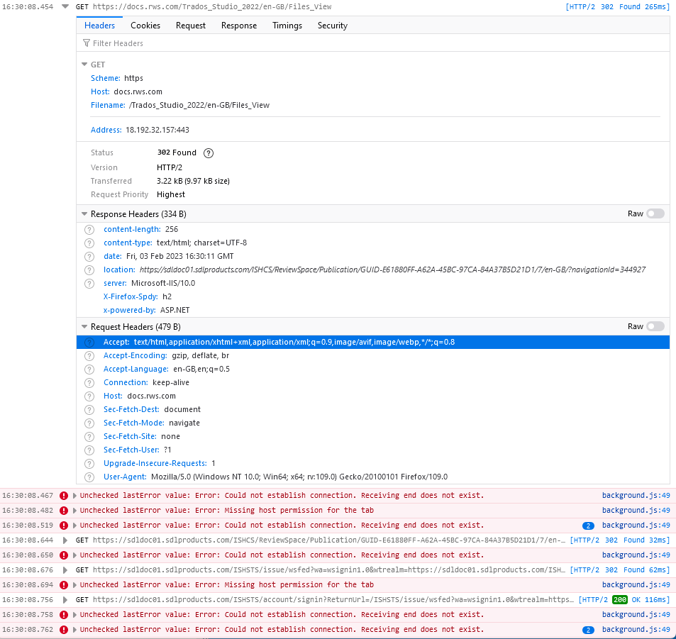 Screenshot of Firefox debug log showing a GET request to docs.rws.com for Trados Studio help page being redirected to an SDL Tridion login page with a 302 Found response.