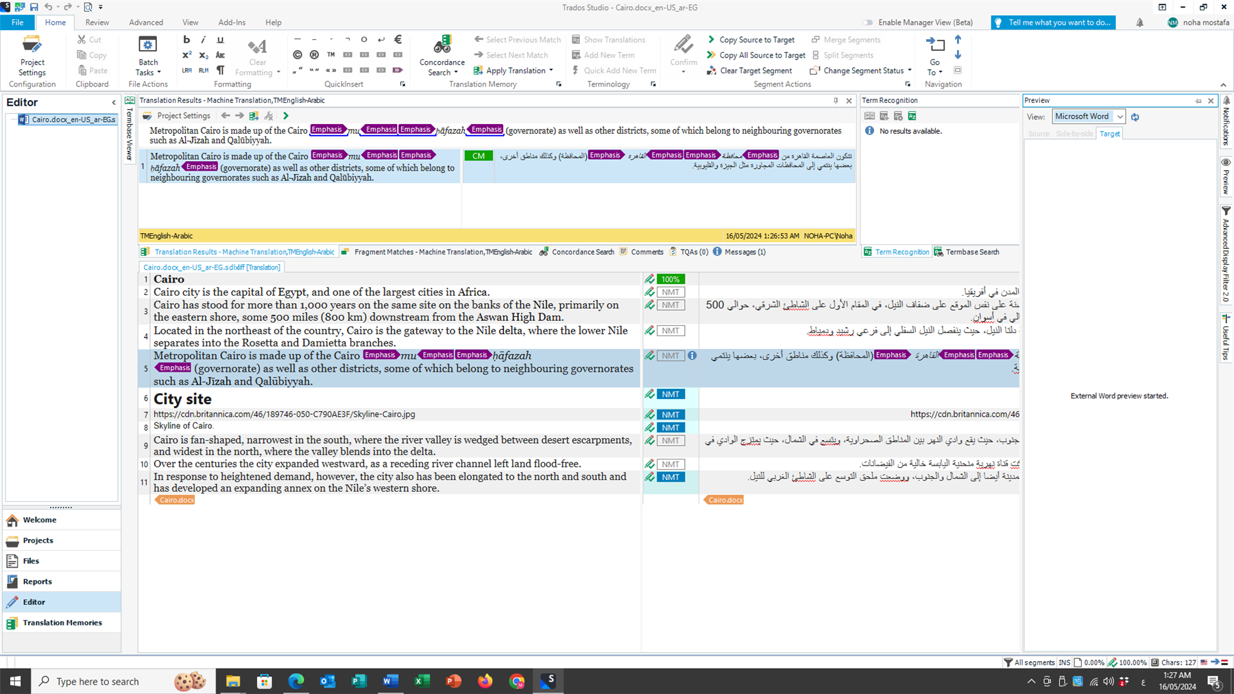 Screenshot of Trados Studio editor with a translation project open, showing the source and target segments, and a message 'External Word preview started.'