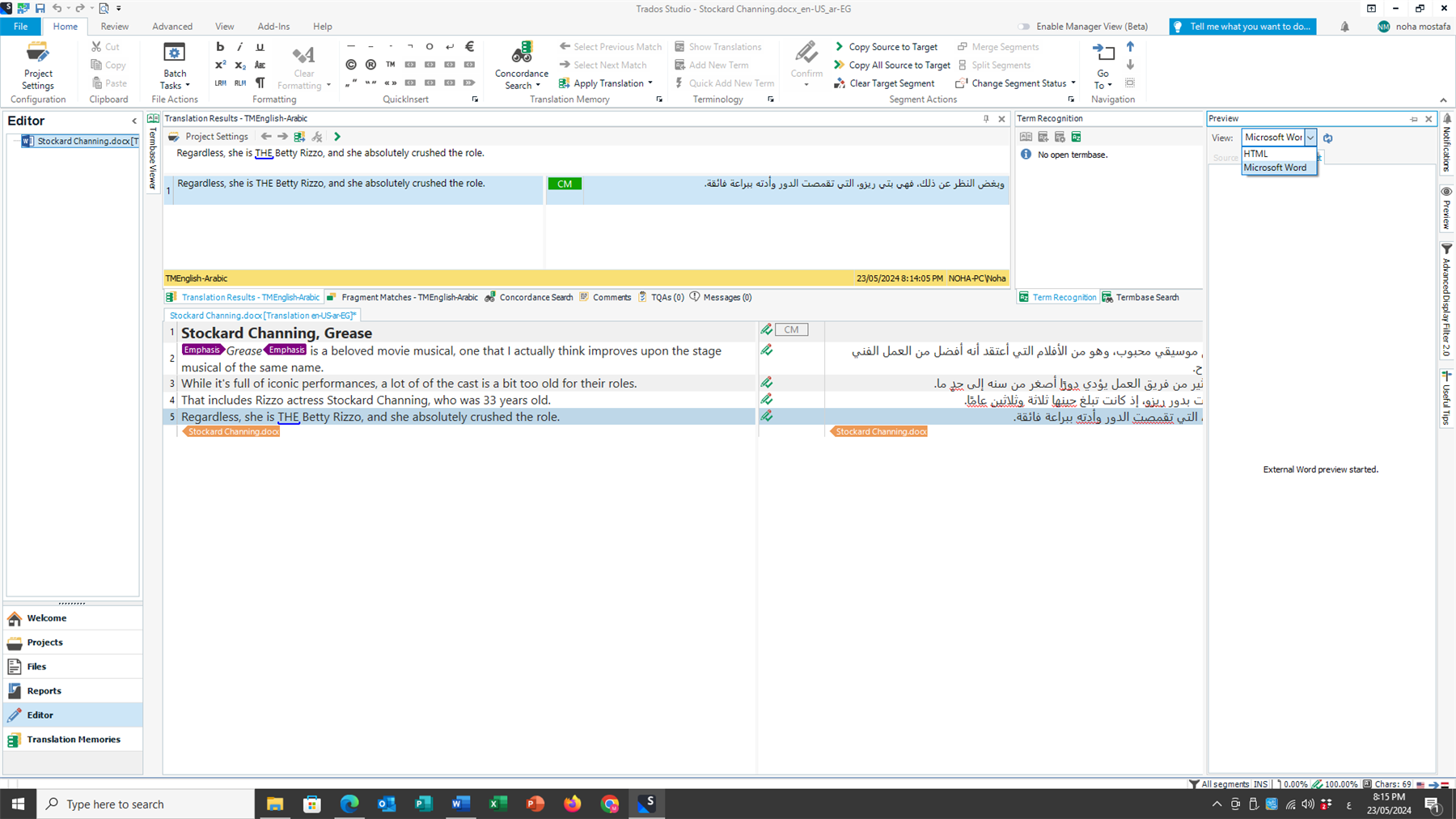 Screenshot of Trados Studio software showing a translation project from English to Arabic. The Translation Results pane is open with text selected. A message at the bottom right indicates 'External Word preview started.'