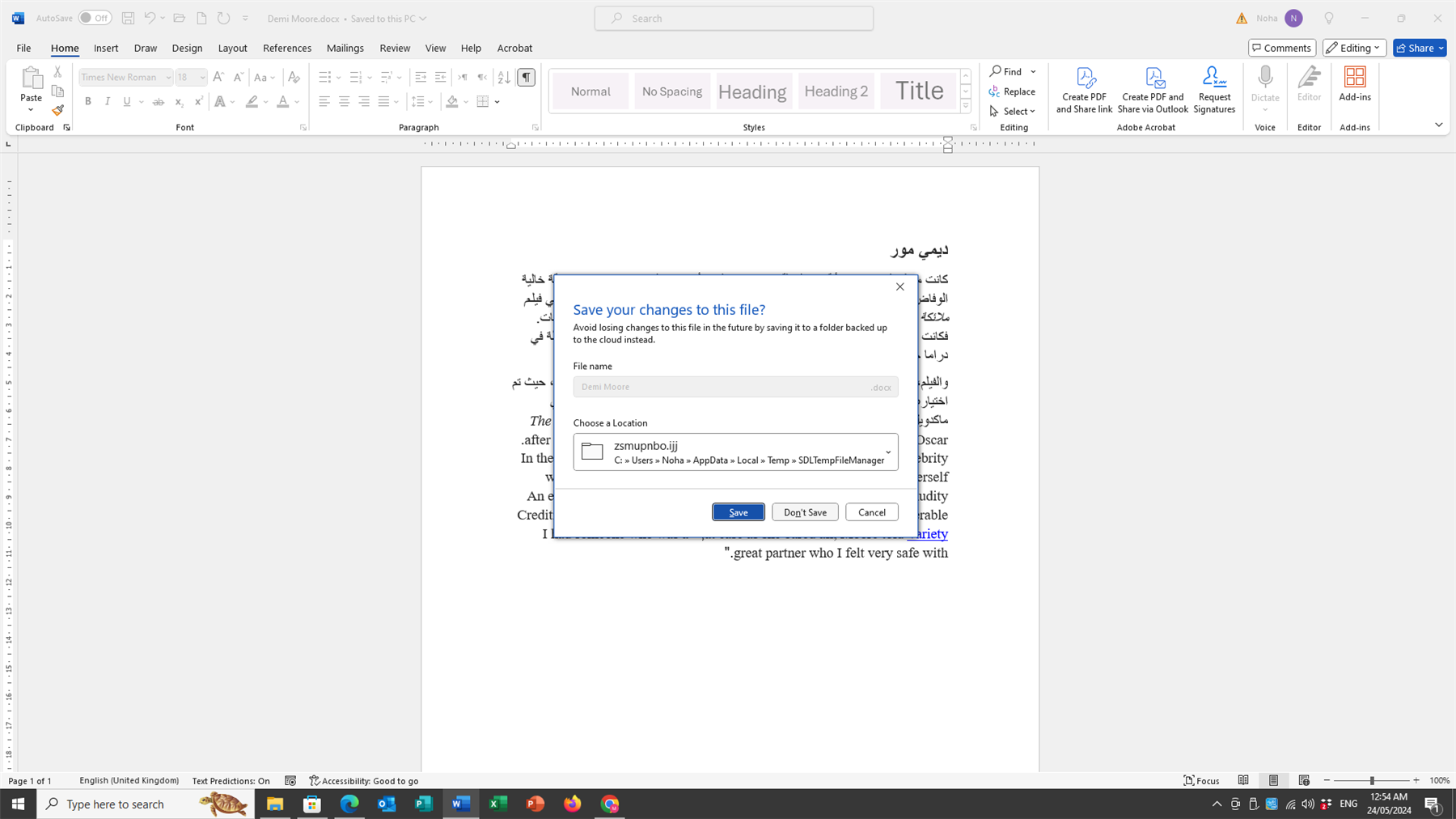 Screenshot of a Microsoft Word document save dialog box. The dialog box is prompting to save changes to the file with the name 'Demi Moore.doc' and shows a temporary file path.
