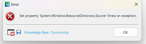 Error dialog box in Trados Studio with message: Set property 'System.Windows.ResourceDictionary.Source' threw an exception. Buttons for Knowledge Base and Community are present along with an OK button.