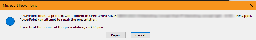 Microsoft PowerPoint error message stating 'PowerPoint found a problem with content in file path. PowerPoint can attempt to repair the presentation.' with options to 'Repair' or 'Cancel'.