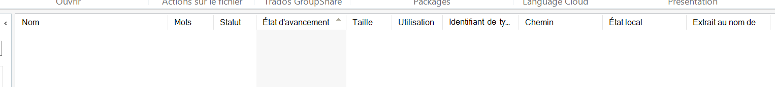 Trados Studio screenshot showing a blank project file view with columns for Name, Words, Status, Progress, Size, Usage, Type Identifier, Path, Local Status, and Extracted to Name.