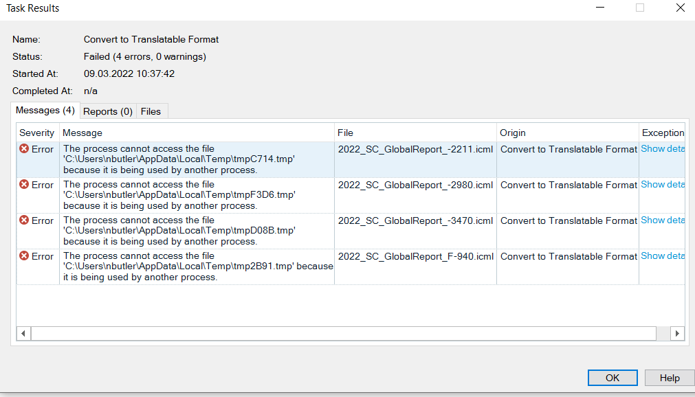 Screenshot of Trados Studio task results with 4 errors, all stating 'The process cannot access the file' with different file paths and associated with 'Convert to Translatable Format'.