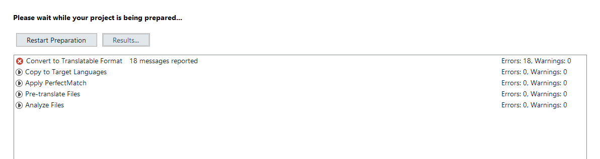 Screenshot of Trados Studio project preparation with an error message indicating 18 messages reported during 'Convert to Translatable Format'.