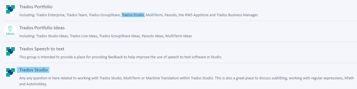 Screenshot showing Trados Portfolio group with subcategories including Trados Studio, and a separate Trados Studio group for forum discussions.