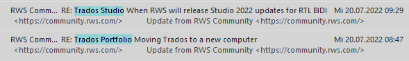 Email notification list with different subject lines for Trados Studio updates and Trados Portfolio activities, highlighting the confusion in forum access.