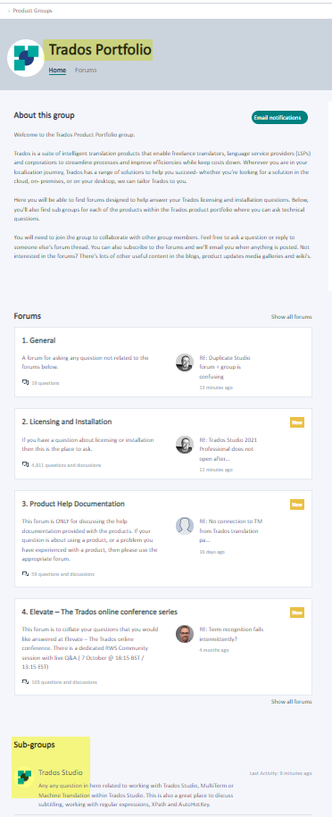 Screenshot of Trados Portfolio forums page showing categories like General, Licensing and Installation, Product Help Documentation, and Elevate - The Trados online conference series.