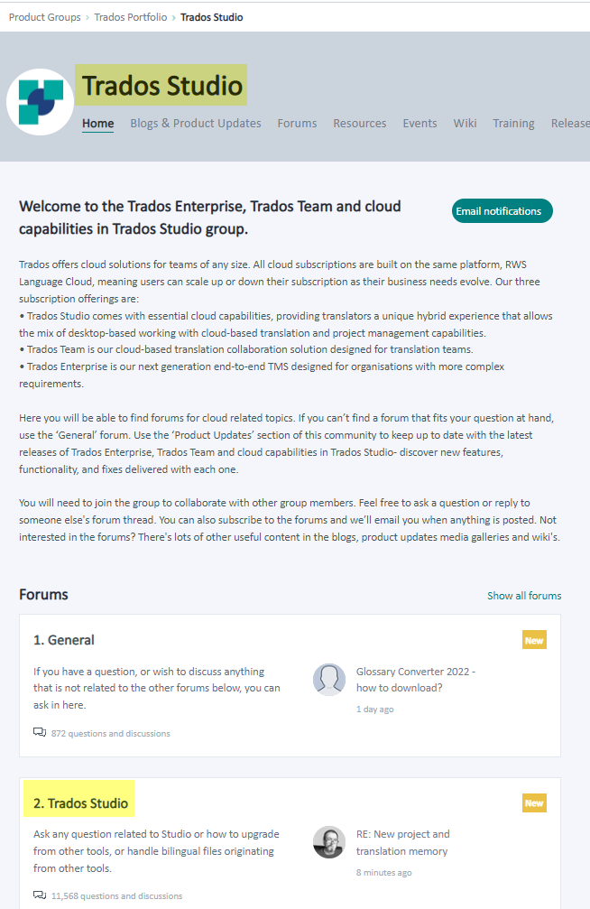 Screenshot of Trados Studio group page highlighting forums for General discussion, Trados Studio specific queries, and a section on Trados Enterprise, Trados Team, and cloud capabilities.