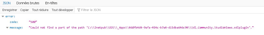 Screenshot of an error message in JSON format indicating a '500' code with the message 'Could not find a part of the path for StudioViews plugin download location.'