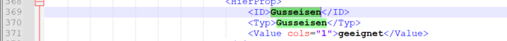 Screenshot of Trados Studio XML file showing non-translatable ID 'Gusseisen' and translatable content 'Typ' and 'Value' with 'geeginet'.