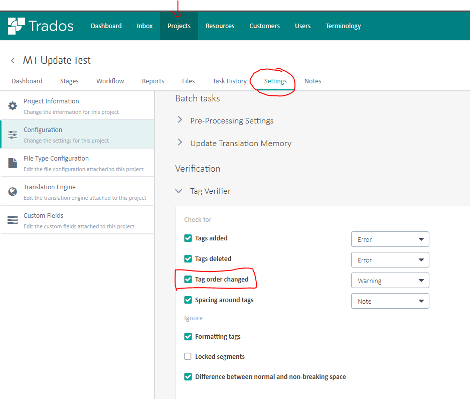 Trados Studio project settings showing 'Tag Verifier' options with 'Tag order changed' highlighted and set to 'Warning'.