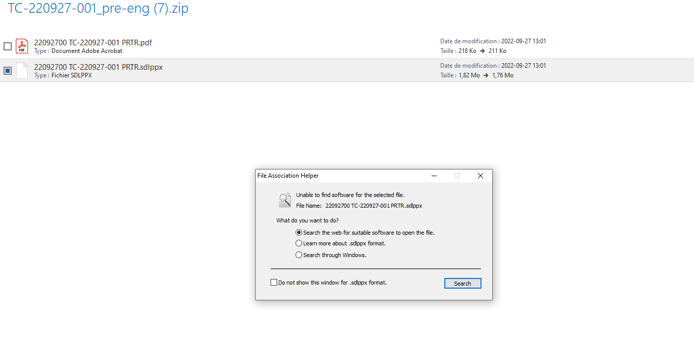 Screenshot showing a zip file containing a PDF and SDLPPX file with a File Association Helper window overlay stating 'Unable to find software for the selected file' for file '22092700 TC-220927-001 PRTR.sdlppx'.