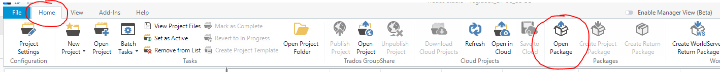 Trados Studio interface showing the 'Home' tab with options for project management. Highlighted are 'Open Project Folder' and 'Open Package' buttons.