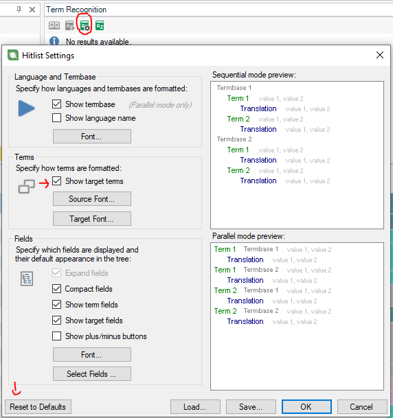 Trados Studio Term Recognition Hitlist Settings dialog box with 'No results available' message, 'Show target terms' option checked, and previews of sequential and parallel mode.