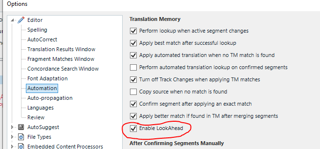 Trados Studio Options menu with 'Enable LookAhead' option checked under Translation Memory settings.