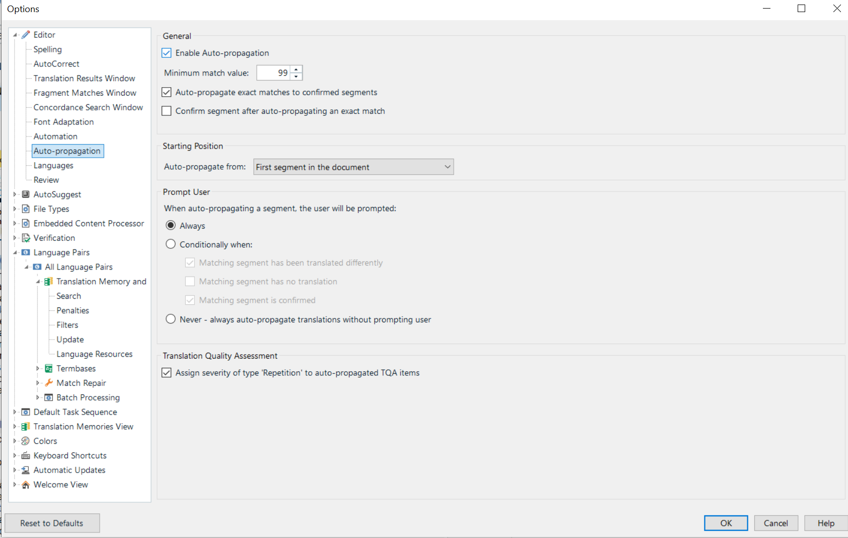 Trados Studio options menu showing Auto-propagation settings with 'Enable Auto-propagation' checked and minimum match value set to 99.