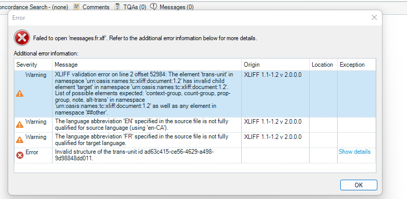 Error dialog in Trados Studio showing failed to open 'messages.xlf' with additional error information listed, including severity icons for error and warning, messages about XLIFF validation error, language abbreviation issues, and invalid structure of trans-unit id.