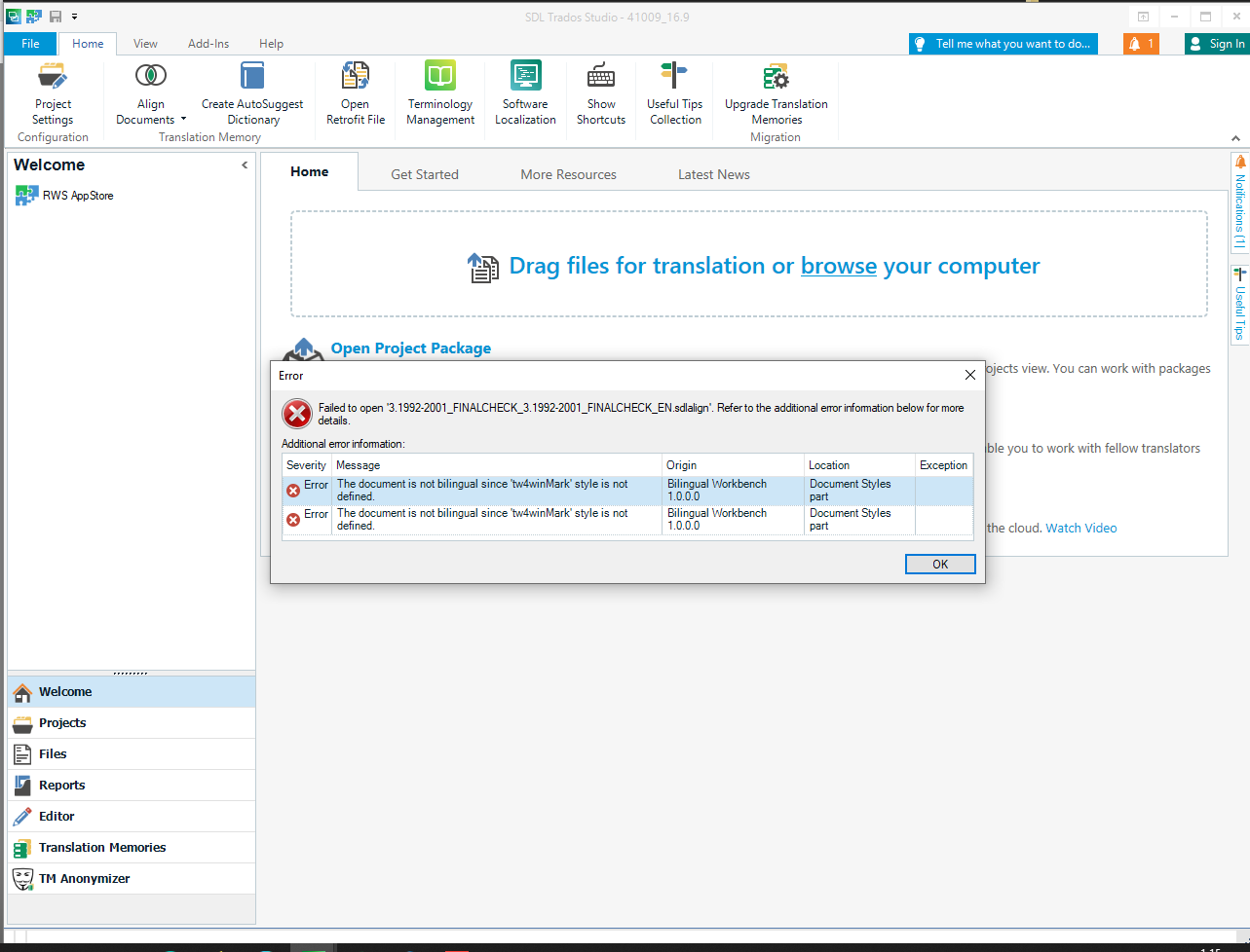 Error message in Trados Studio stating 'Failed to open project; The document is not bilingual since 'tw4winMark' style is not defined.'