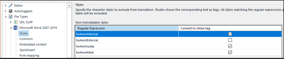 Trados Studio File Types settings showing 'tw4winMark' listed under non-translatable styles with a checkbox for 'Convert to inline tag'.