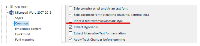 Trados Studio File Options showing 'Process files with tw4winMark style' checkbox checked under Microsoft Word 2007-2019 Styles settings.