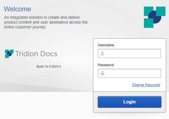 Screenshot of Trados Studio login page for Tridion Docs with fields for username and password and a login button.