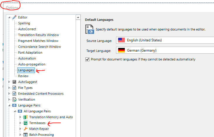 Trados Studio screenshot showing the Options menu with Editor settings expanded. Languages sub-menu is highlighted with a red arrow pointing to it. Default Languages panel shows Source Language set to English (United States) and Target Language set to German (Germany).