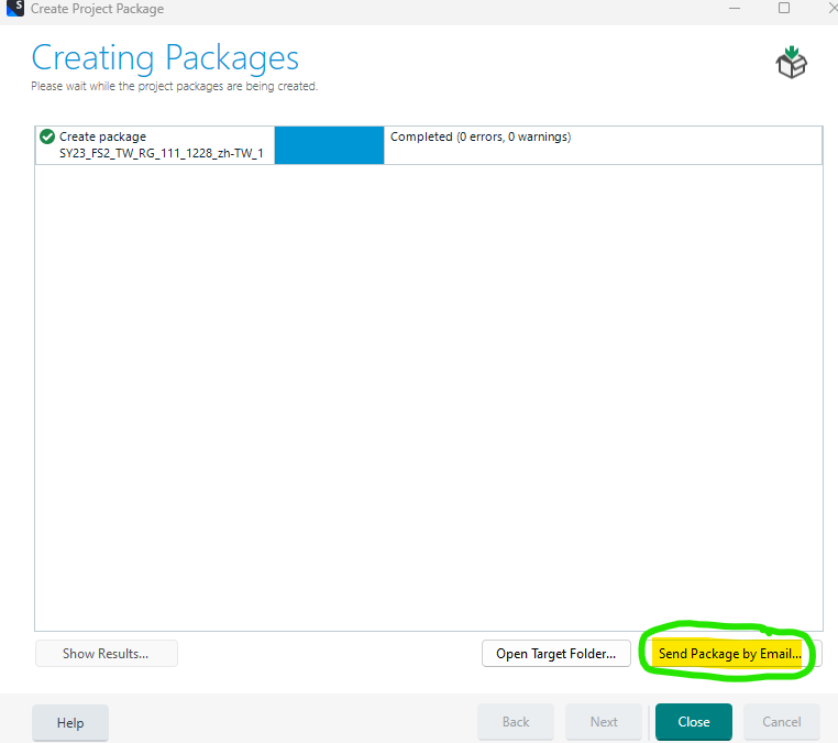 Trados Studio 'Create Project Package' window showing a completed package creation with no errors or warnings. A 'Send Package by Email' button is highlighted.