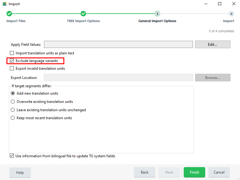 Trados Studio screenshot showing the TMX Import Options tab with 'Exclude language variants' checkbox checked. Import progress shows 5 of 4 completed.