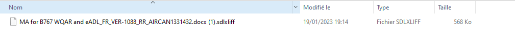 Screenshot showing a file named 'MA for B767 WQAR and eADL_FR_VER-1088_RR_AIRCAN1331432.docx (1).sdlxliff' with a grey, blank icon indicating an issue with file association in Trados Studio.