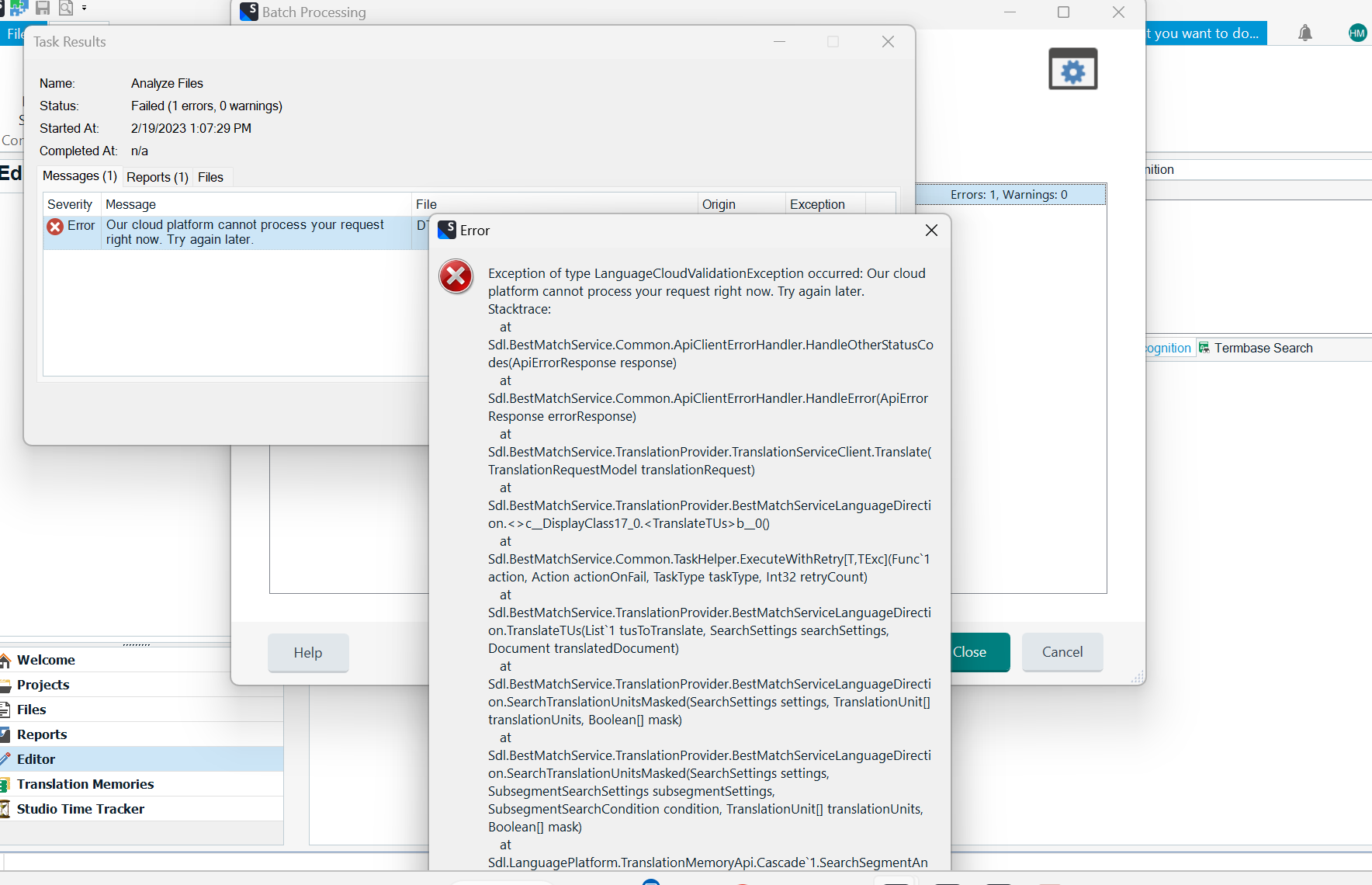 Trados Studio error message window showing 'Our cloud platform cannot process your request right now. Try again later.' with an error icon and a stack trace in the background.