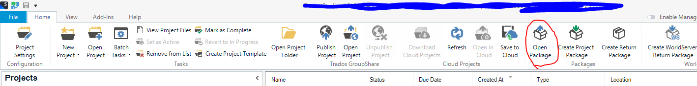 Trados Studio interface with the 'Projects' view open, highlighting the 'Open Package' button in the toolbar.