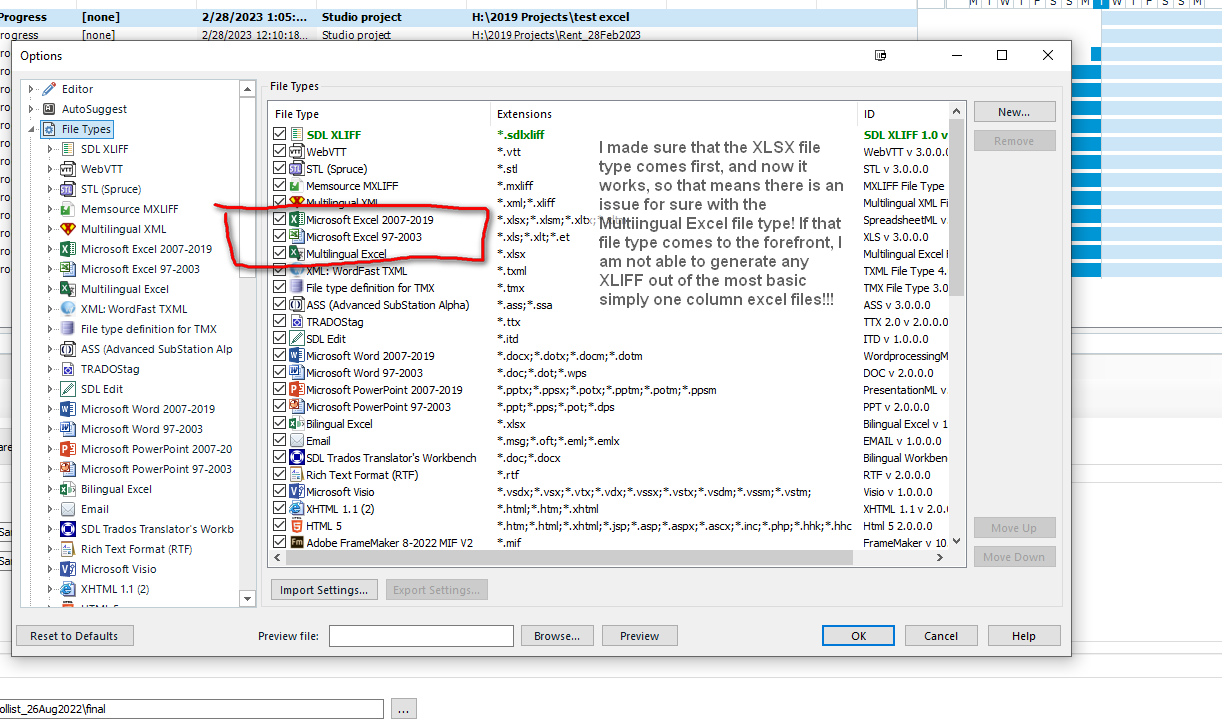 Trados Studio screenshot showing File Types options with a red box highlighting Multilingual Excel and Microsoft Excel 2007-2019. A comment on the right expresses issues with the Multilingual Excel file type.
